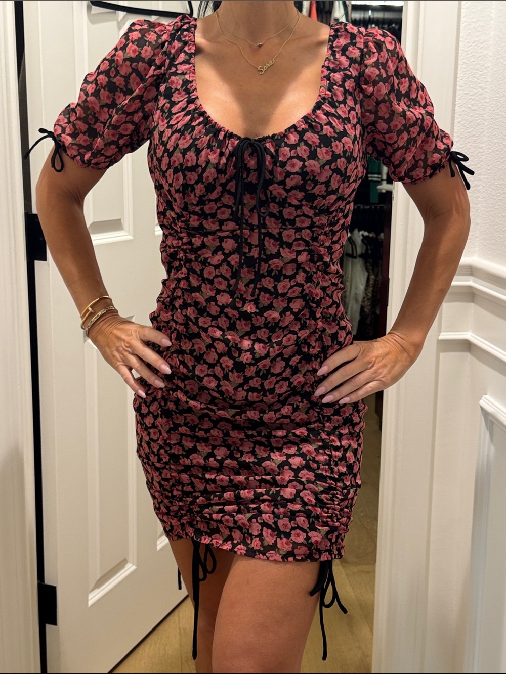 Dress Forum Black Mini Dress with Pink Rose Print
